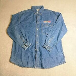 Vintage Lee Blue denim button-up shirt with a‎ unique, faded look